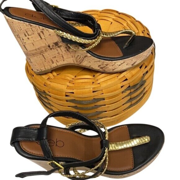 Deb Black & Gold Braided Cork Wedge Sandals Size 5 - Picture 4 of 6